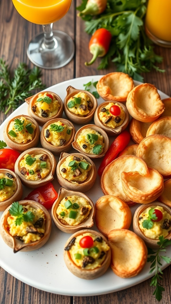 A platter of mini quiches, stuffed mushrooms, and pastries for brunch hors d